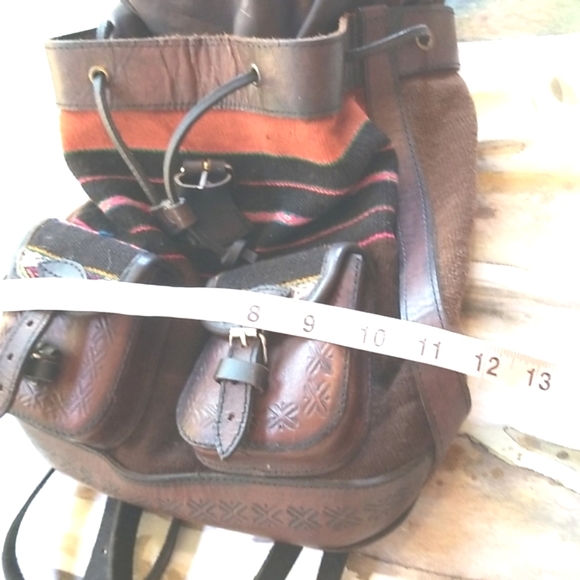 Taos LEATHER Blanket Wool Handcrafted Pockets Buckles Straps Unique BACKPACK EUC - Picture 10 of 16